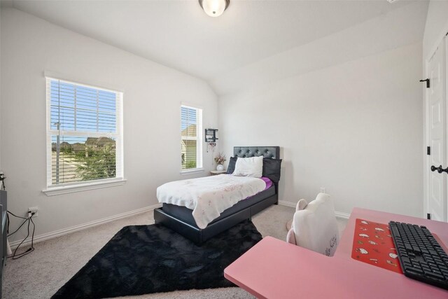 265 Fawn River Run, Kyle, TX 78640 - carpeted bedroom with vaulted ceiling, baseboards, and an office area