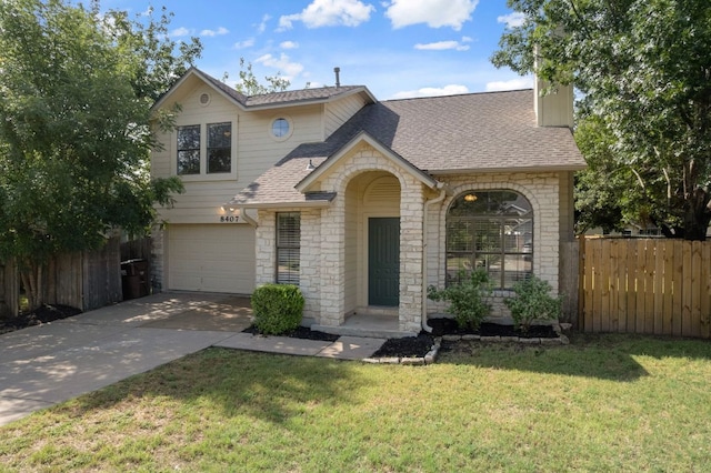 8407 Mount Shasta Cv, Round Rock, TX 78681 - view of front facade with stone siding, a shingled roof, a garage, concrete driveway, and a chimney