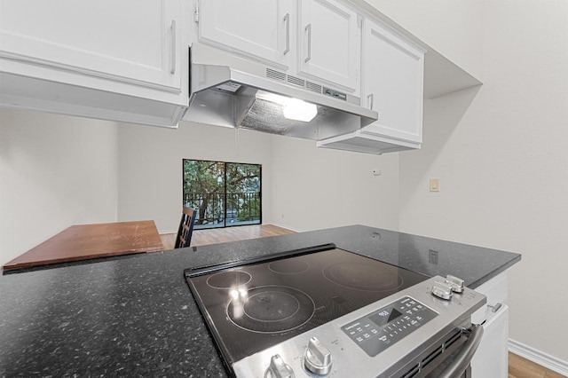 1908 San Antonio St Unit 313, Austin, TX 78705 - kitchen with stainless steel electric stove, under cabinet range hood, white cabinetry, and dark stone countertops