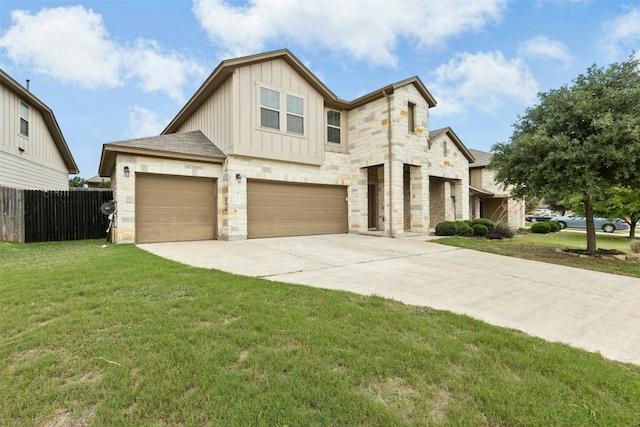 13208 Olivers Way, Manchaca, TX 78652 - view of front facade featuring board and batten siding, concrete driveway, a garage, and stone siding