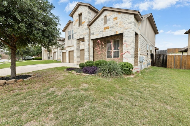 13208 Olivers Way, Manchaca, TX 78652 - contemporary home featuring stone siding, concrete driveway, and a garage