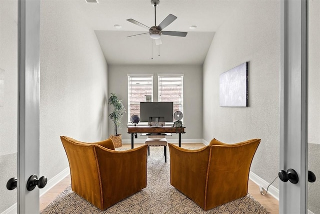 286 Canal Dr, Dripping Springs, TX 78620 - office space featuring a ceiling fan, vaulted ceiling, baseboards, and a textured wall