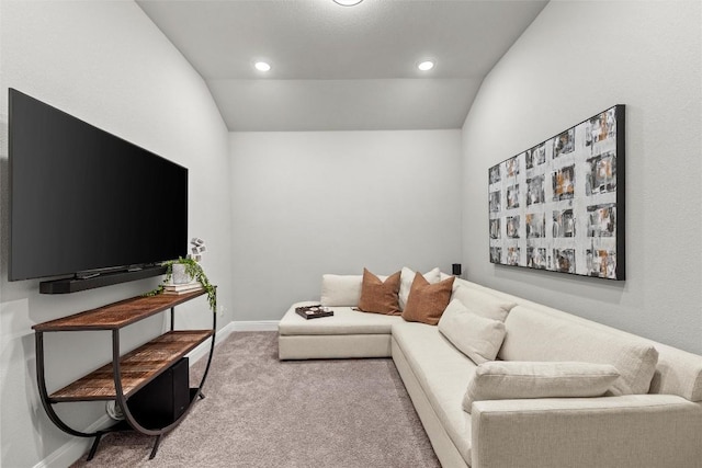 286 Canal Dr, Dripping Springs, TX 78620 - living room featuring baseboards, carpet, recessed lighting, and lofted ceiling
