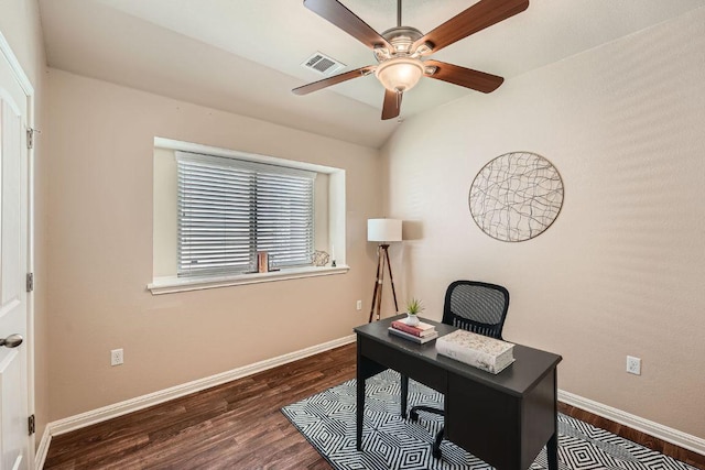 814 Hatton Hill Ct, Austin, TX 78725 - office area with wood finished floors, ceiling fan, and baseboards