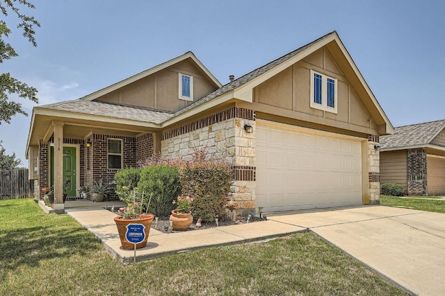 814 Hatton Hill Ct, Austin, TX 78725 - view of front of house with stone siding, a shingled roof, concrete driveway, and a front lawn