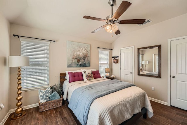 814 Hatton Hill Ct, Austin, TX 78725 - bedroom with baseboards, lofted ceiling, wood finished floors, and ceiling fan