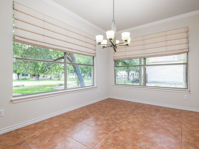 4914 Big Bend Trl, Georgetown, TX 78633 - unfurnished room with a chandelier, ornamental molding, baseboards, and light tile patterned flooring
