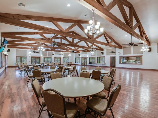 4914 Big Bend Trl, Georgetown, TX 78633 - dining space with a chandelier, a ceiling fan, baseboards, high vaulted ceiling, and beam ceiling