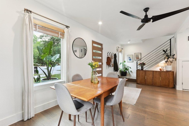 6505 Grover Ave Unit 1, Austin, TX 78757 - dining space with stairway, hardwood / wood-style flooring, ceiling fan, baseboards, and recessed lighting
