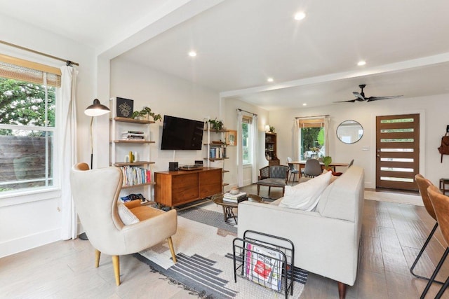 6505 Grover Ave Unit 1, Austin, TX 78757 - living area with plenty of natural light, baseboards, light wood-style floors, recessed lighting, and ceiling fan
