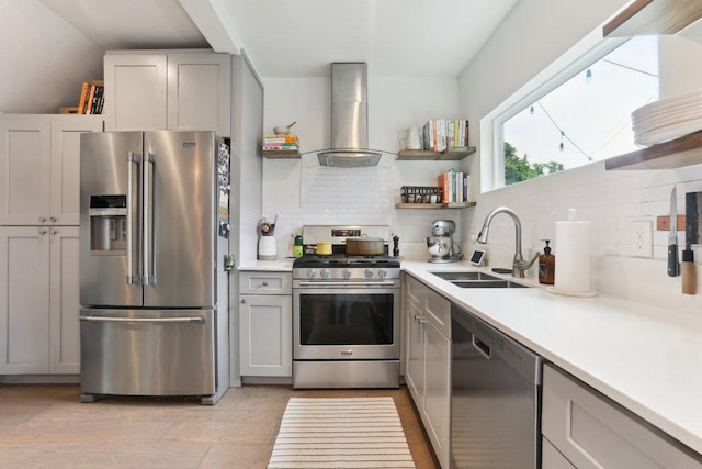 6505 Grover Ave Unit 1, Austin, TX 78757 - kitchen with stainless steel appliances, island range hood, open shelves, a sink, and decorative backsplash