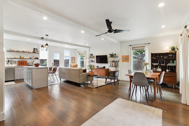 6505 Grover Ave Unit 1, Austin, TX 78757 - living room featuring healthy amount of natural light, ceiling fan, recessed lighting, dark wood-style flooring, and beamed ceiling