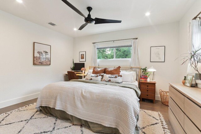 6505 Grover Ave Unit 1, Austin, TX 78757 - bedroom with baseboards, recessed lighting, light wood finished floors, and a ceiling fan