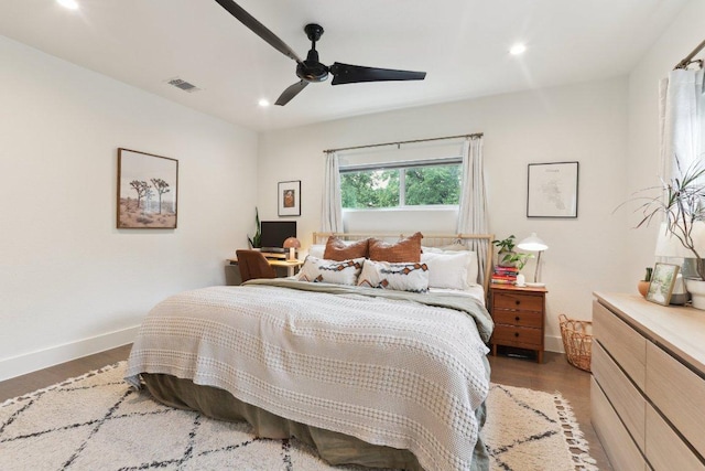 6505 Grover Ave Unit 1, Austin, TX 78757 - bedroom with baseboards, recessed lighting, light wood-style floors, and a ceiling fan