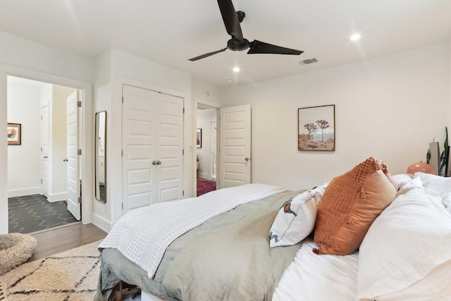 6505 Grover Ave Unit 1, Austin, TX 78757 - bedroom with wood finished floors, a closet, recessed lighting, ensuite bathroom, and a ceiling fan