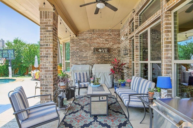 2513 Rusty Spur, Leander, TX 78641 - view of patio / terrace featuring an outdoor hangout area, a ceiling fan, and an outdoor pool