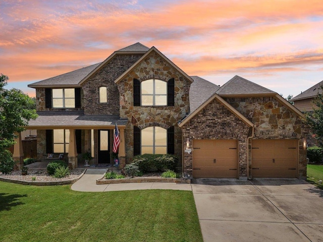 2513 Rusty Spur, Leander, TX 78641 - french country home featuring stone siding, concrete driveway, a lawn, an attached garage, and roof with shingles