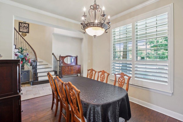 2513 Rusty Spur, Leander, TX 78641 - dining space featuring a chandelier, crown molding, stairway, dark wood finished floors, and baseboards