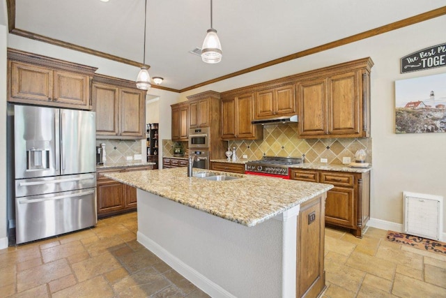 2513 Rusty Spur, Leander, TX 78641 - kitchen with stainless steel fridge with ice dispenser, stone tile floors, brown cabinets, a sink, and crown molding