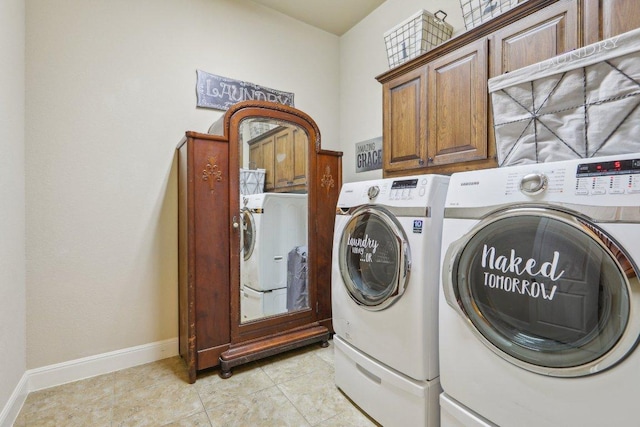 2513 Rusty Spur, Leander, TX 78641 - laundry room featuring washing machine and dryer, cabinet space, baseboards, and light tile patterned floors