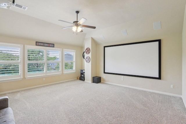 2513 Rusty Spur, Leander, TX 78641 - carpeted cinema with baseboards, ceiling fan, and vaulted ceiling