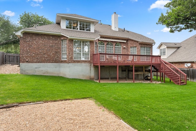 10617 Bramblecrest Dr, Austin, TX 78726 - back of property featuring brick siding, a deck, a chimney, stairway, and a shingled roof