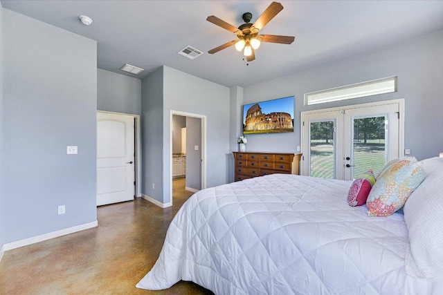 141 N Buckhorn Dr, Bastrop, TX 78602 - bedroom featuring french doors, concrete floors, baseboards, access to outside, and a ceiling fan
