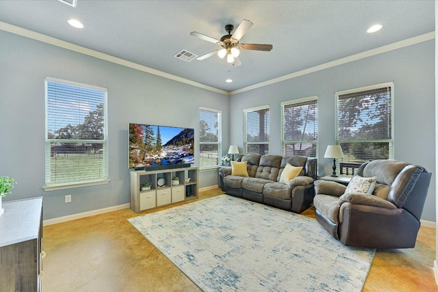 141 N Buckhorn Dr, Bastrop, TX 78602 - living area with a ceiling fan, light colored carpet, baseboards, healthy amount of natural light, and crown molding