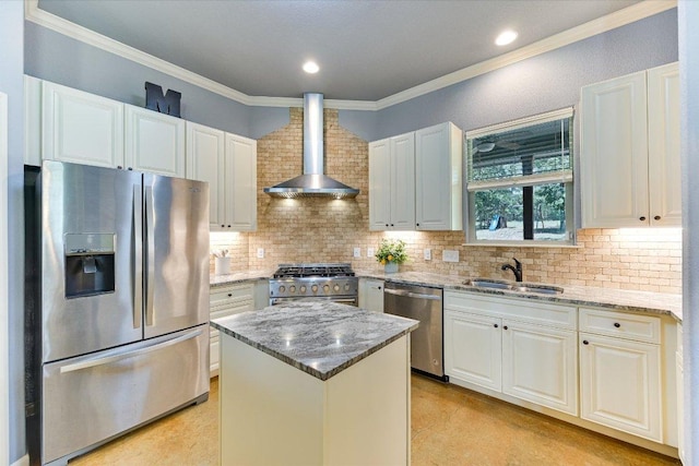 141 N Buckhorn Dr, Bastrop, TX 78602 - kitchen with appliances with stainless steel finishes, wall chimney range hood, a sink, light stone counters, and backsplash