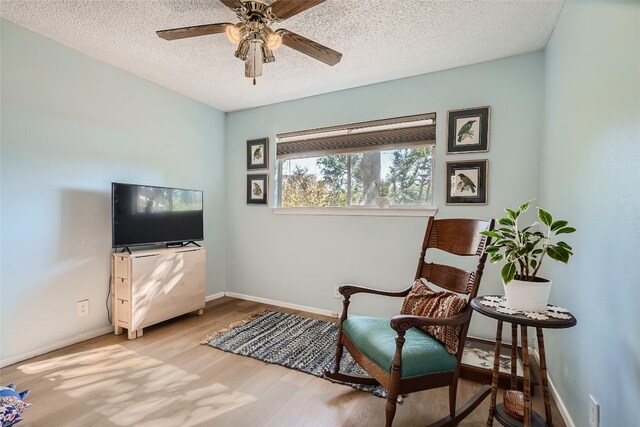 9206 Robins Nest Ln, Austin, TX 78729 - living area featuring a textured ceiling, a ceiling fan, and light wood-style floors