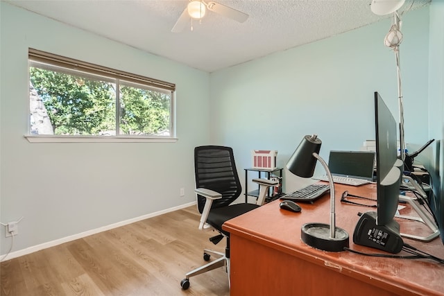9206 Robins Nest Ln, Austin, TX 78729 - office area with light wood-style floors, ceiling fan, a textured ceiling, and baseboards