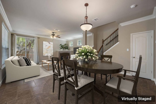 11000 Anderson Mill Rd Unit 96, Austin, TX 78750 - dining space with crown molding, stone tile floors, baseboards, ceiling fan, and stairs