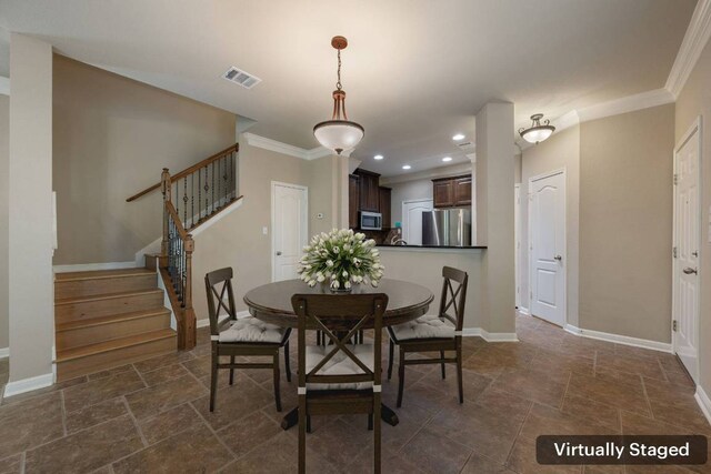 11000 Anderson Mill Rd Unit 96, Austin, TX 78750 - dining space with stone tile floors, ornamental molding, stairway, baseboards, and recessed lighting