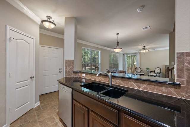 11000 Anderson Mill Rd Unit 96, Austin, TX 78750 - kitchen with dishwashing machine, a sink, ornamental molding, ceiling fan, and hanging light fixtures