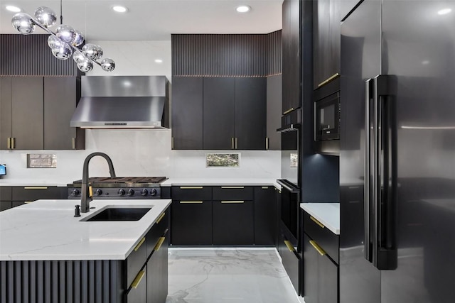 2404 University Club Dr, Austin, TX 78732 - kitchen with freestanding refrigerator, wall chimney exhaust hood, light marble finish flooring, a sink, and light stone countertops