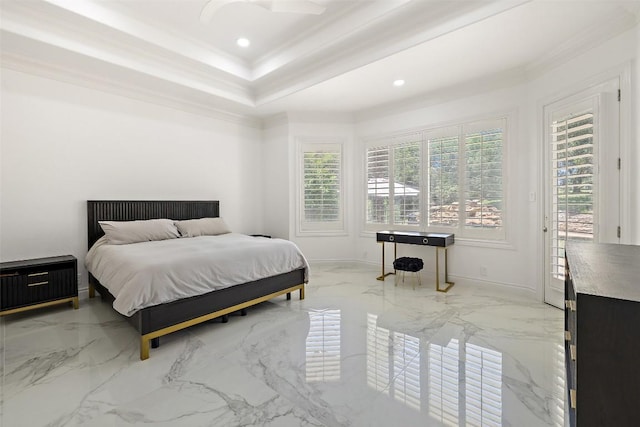 2404 University Club Dr, Austin, TX 78732 - bedroom with crown molding, a raised ceiling, light marble finish flooring, baseboards, and recessed lighting