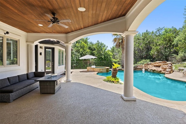 2404 University Club Dr, Austin, TX 78732 - view of patio / terrace with an outdoor living space with a fire pit, a ceiling fan, and a pool with connected hot tub