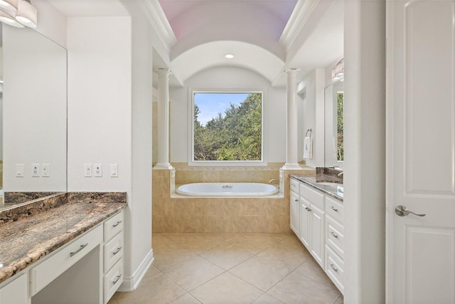 2404 University Club Dr, Austin, TX 78732 - full bath featuring decorative columns, a garden tub, two vanities, tile patterned flooring, and crown molding