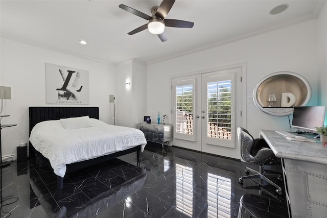 2404 University Club Dr, Austin, TX 78732 - bedroom with crown molding, granite tiled floors, access to exterior, french doors, and recessed lighting