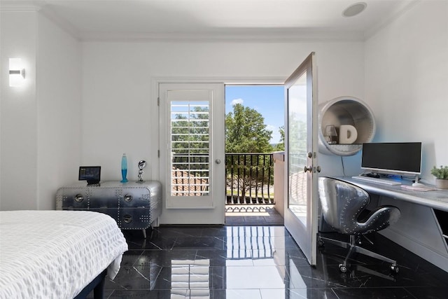 2404 University Club Dr, Austin, TX 78732 - bedroom with ornamental molding, access to outside, an office area, and french doors