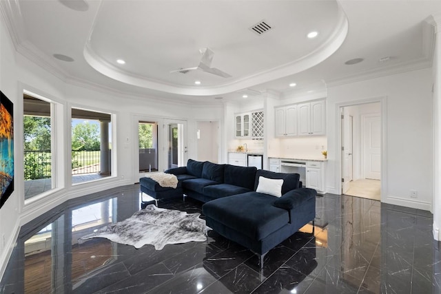 2404 University Club Dr, Austin, TX 78732 - living room with a raised ceiling, ornamental molding, recessed lighting, baseboards, and ceiling fan