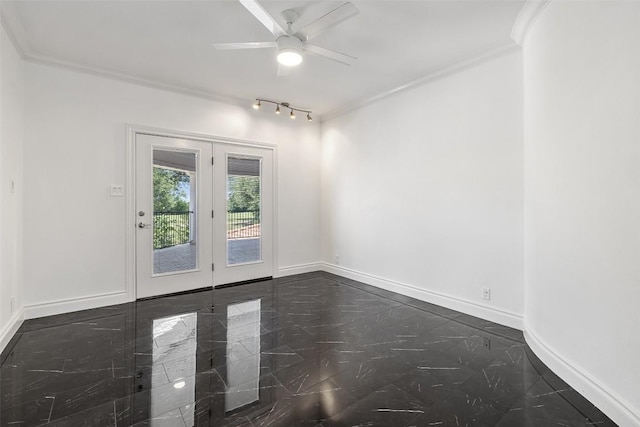 2404 University Club Dr, Austin, TX 78732 - unfurnished room with french doors, baseboards, ornamental molding, and a ceiling fan