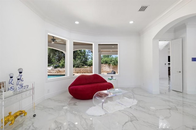 2404 University Club Dr, Austin, TX 78732 - sitting room featuring crown molding, arched walkways, marble tiled flooring, baseboards, and recessed lighting