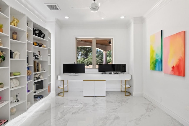 2404 University Club Dr, Austin, TX 78732 - office area with ornamental molding, baseboards, a ceiling fan, marble finish flooring, and recessed lighting