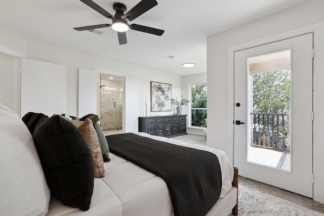 6029 Mount Bonnell Cv, Austin, TX 78731 - carpeted bedroom with ensuite bathroom and a ceiling fan