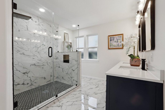6029 Mount Bonnell Cv, Austin, TX 78731 - full bathroom with double vanity, a marble finish shower, recessed lighting, and marble finish flooring