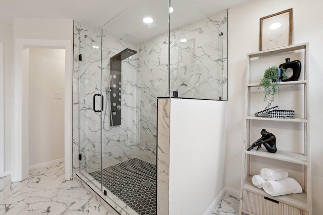 6029 Mount Bonnell Cv, Austin, TX 78731 - bathroom featuring marble finish flooring, a marble finish shower, and recessed lighting