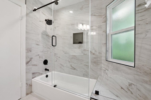 6029 Mount Bonnell Cv, Austin, TX 78731 - bathroom with enclosed tub / shower combo and a chandelier