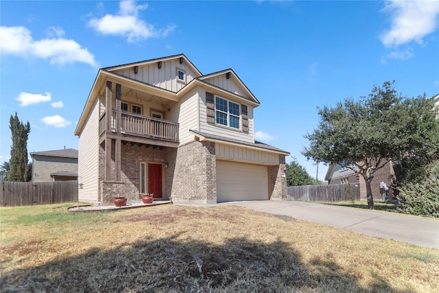 232 Wells Bnd, Hutto, TX 78634 - craftsman-style home with board and batten siding, brick siding, a balcony, a garage, and concrete driveway
