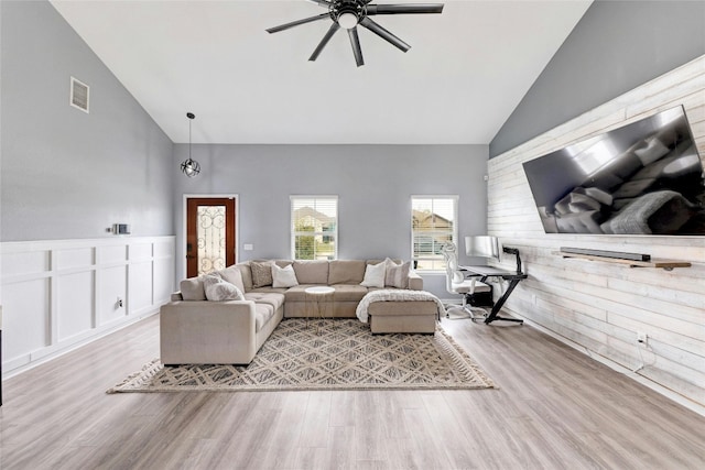 107 Denton Dr, Hutto, TX 78634 - living room featuring high vaulted ceiling, ceiling fan, and wood finished floors